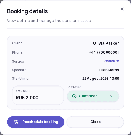 Booking card: client, service, specialist, time, amount, and visit status