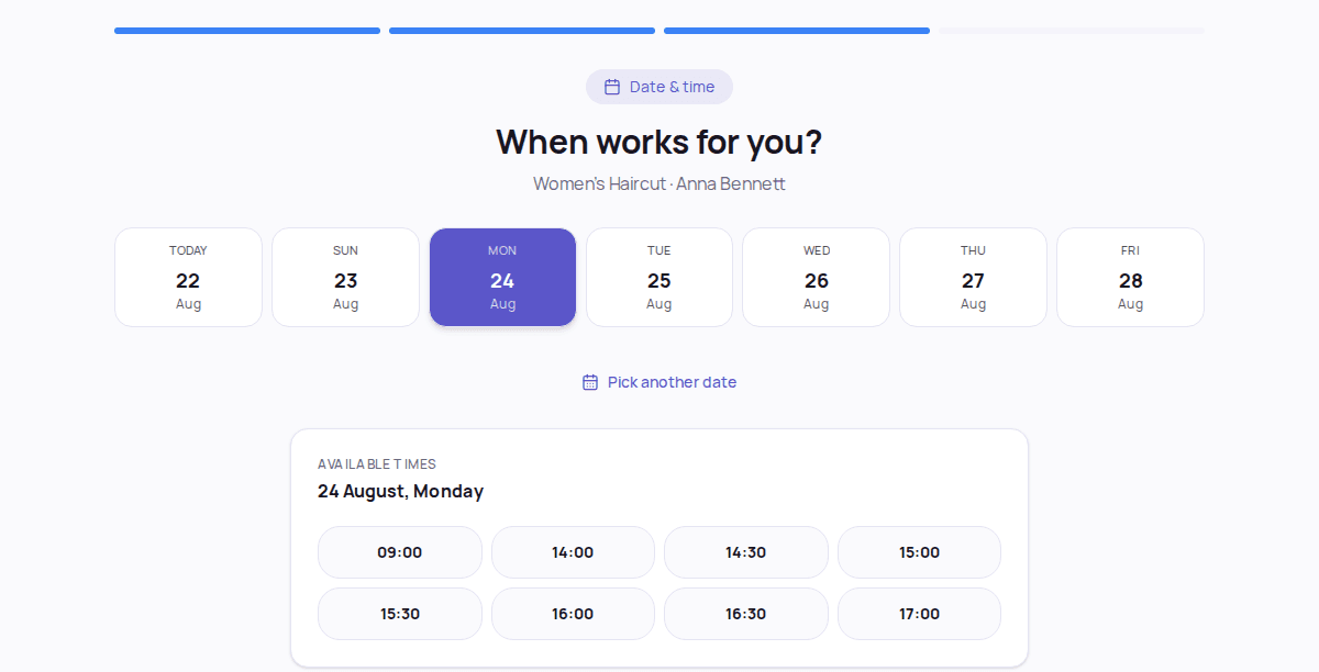 Choosing a date and free time slot on the booking page, from the client's side